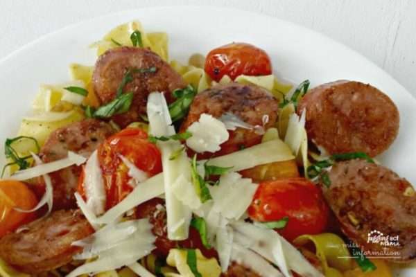 A quick and easy pasta dinner with sausage and blistered tomatoes, change it up lots of ways for a quick weeknight meal